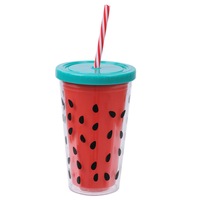 Pahar cu pai de plastic in forma de pepene rosu cu capac albastru, Maison du Paradis - 450 ml