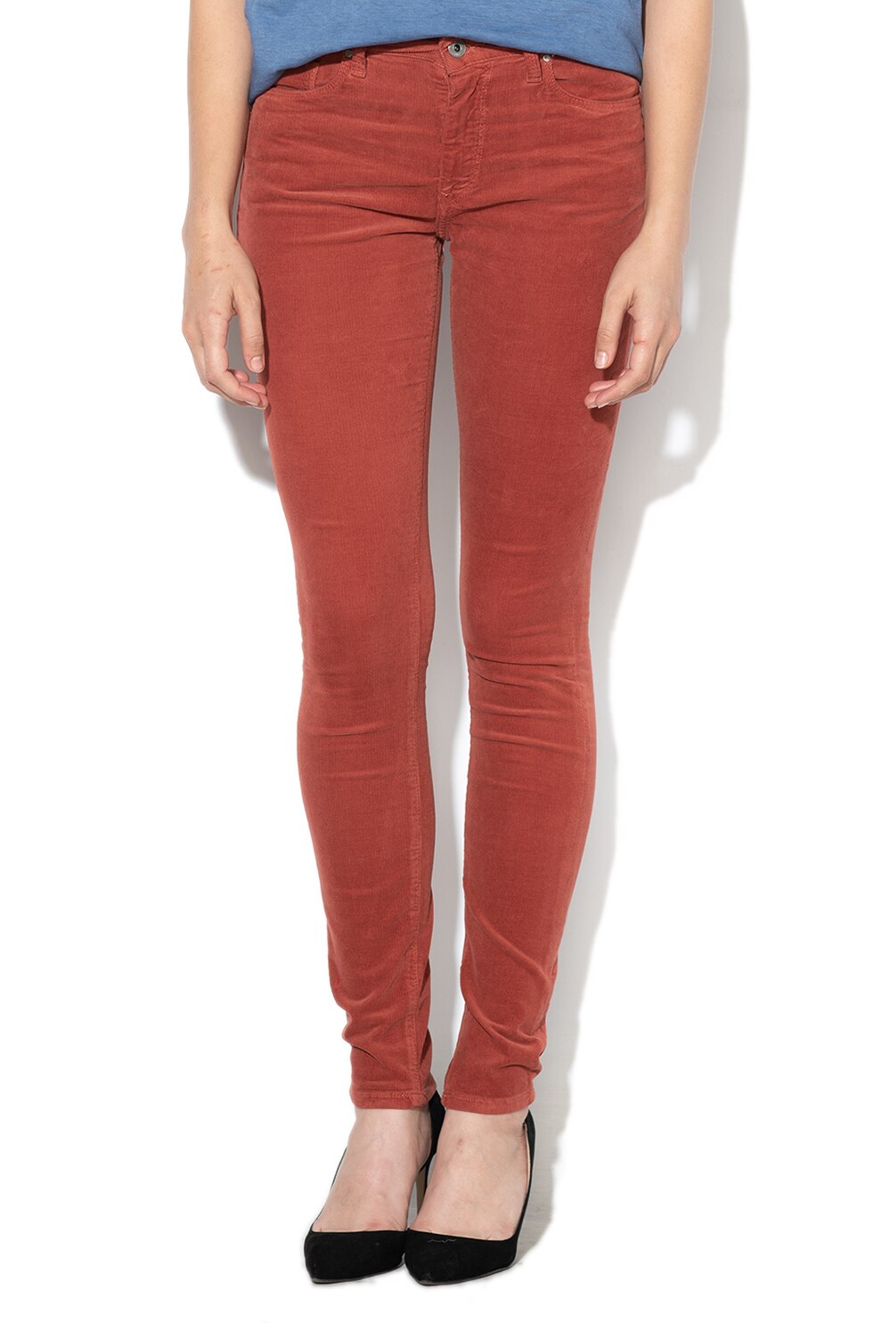 Pepe Jeans London, Pantaloni din reiat cu logo pe nasture Regent, Rosu caramiziu