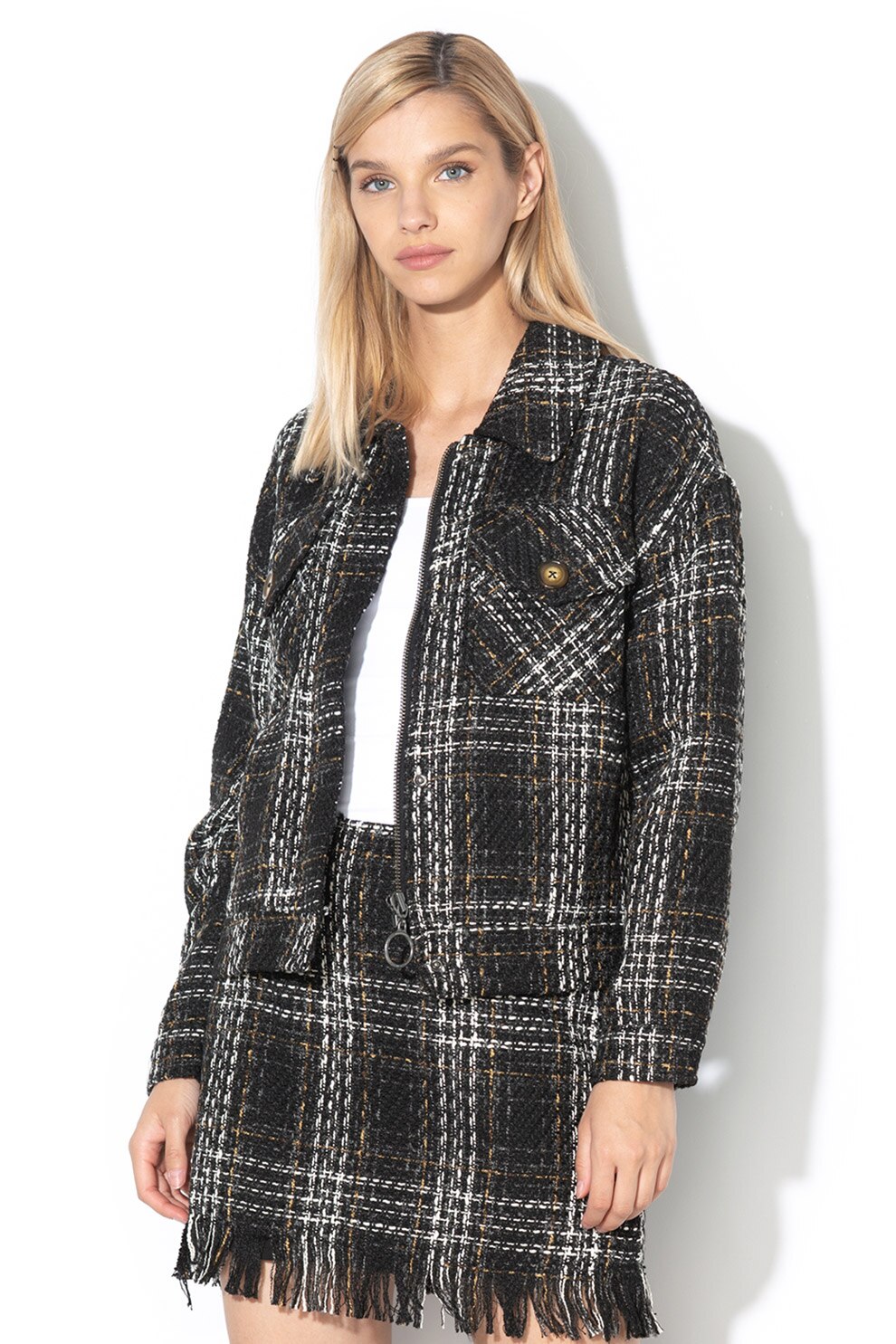 Pepe Jeans London, Jacheta din tuid cu fermoar Checkie, Negru/Alb