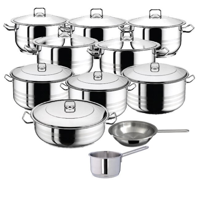 Set 8 oale cu capac 16 piese 3l 4l 6l 8l 10.5l 13l 16.5l 20l +cratita 8.5 l+tigaie+cratita cu coada 2l HASCEVHER GASTRO