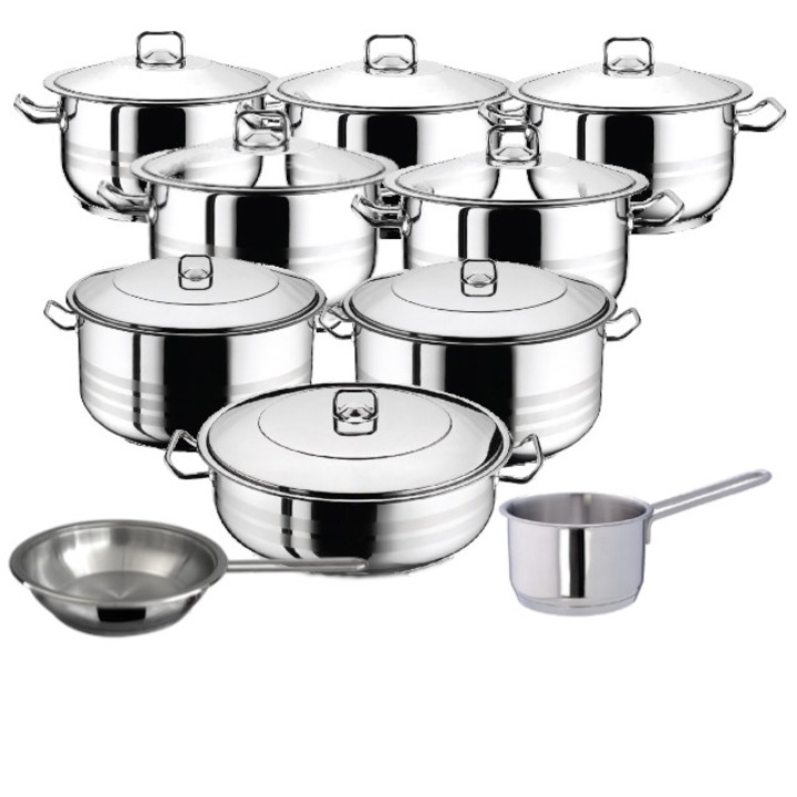 Set 7 oale cu capac 14 piese 3l 4l 6l 8l 10.5l 13l 16.5l +cratita 8.5 l+tigaie+cratita cu coada 2l HASCEVHER GASTRO