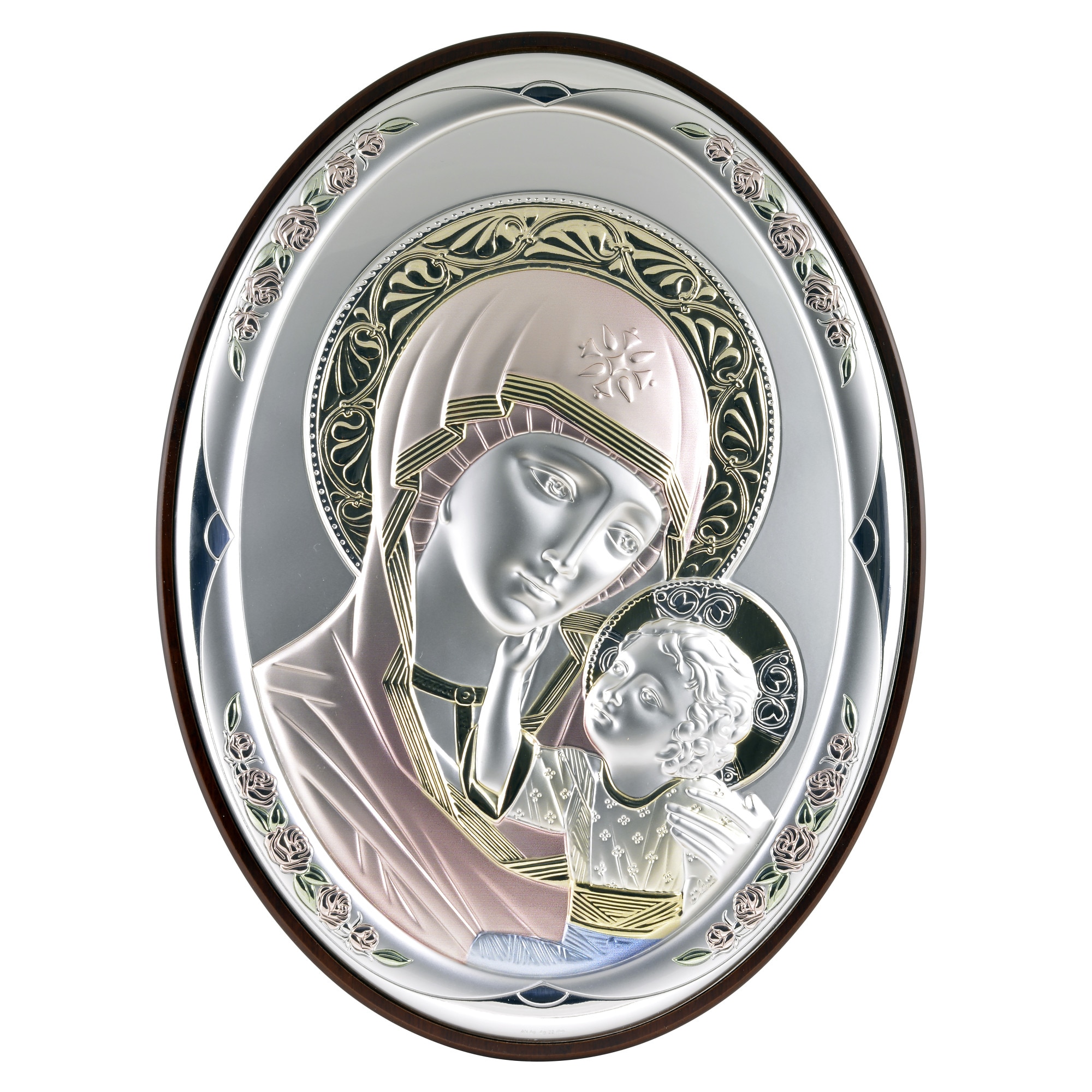 Icoana placata cu argint, pictata manual - Maica si pruncul - Model ortodox, oval, finisaj alun, 19x14 cm, 3/4