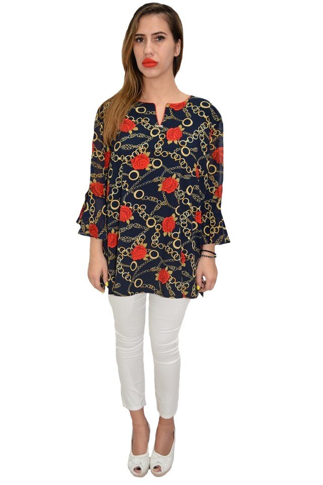 Bluza casual, lejera, model abstract cu flori, D&J Exclusive, Bleumarin