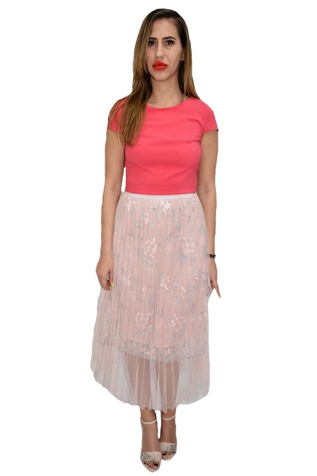 Fusta eleganta, din tull, cu imprimeu floral, D&J Exclusive, Roz