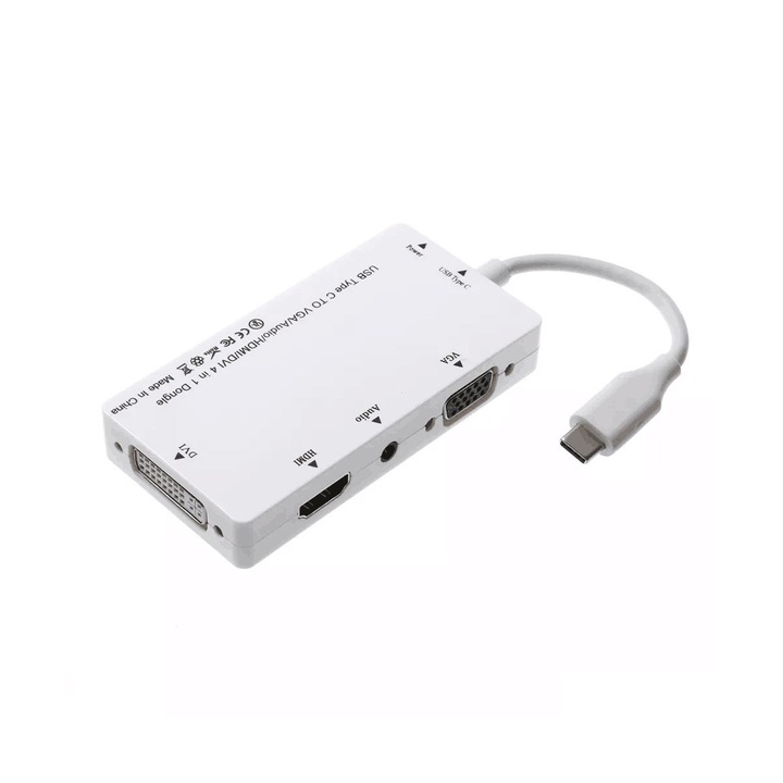 Hub HOPE R®, 6 in 1 USB 3.1 Type-C la HDMI, DVI, VGA, USB 3.0, audio, port incarcare retea, alb