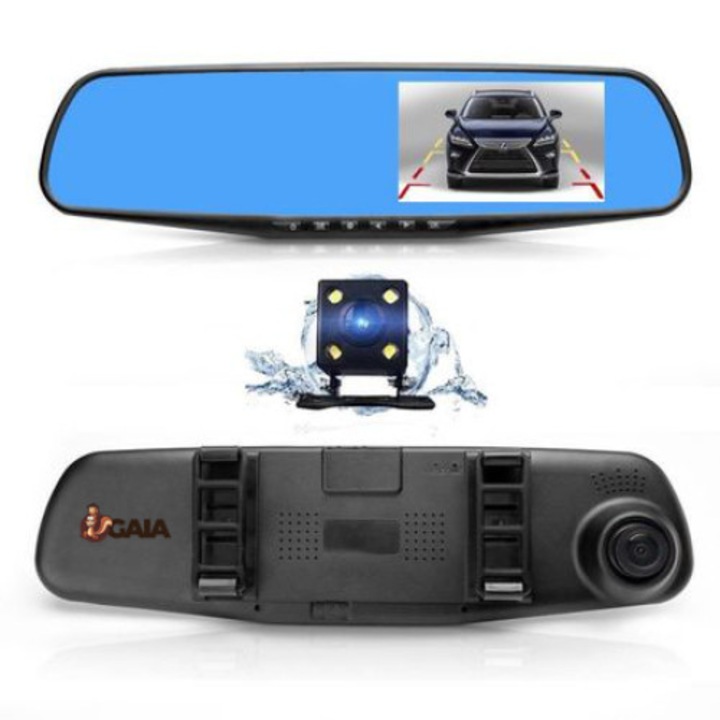 Camera Video Auto GAIA, Tip Oglinda Retrovizoare, cu Doua Camere Full HD Fata/Spate, Model Slim 9mm Grosime