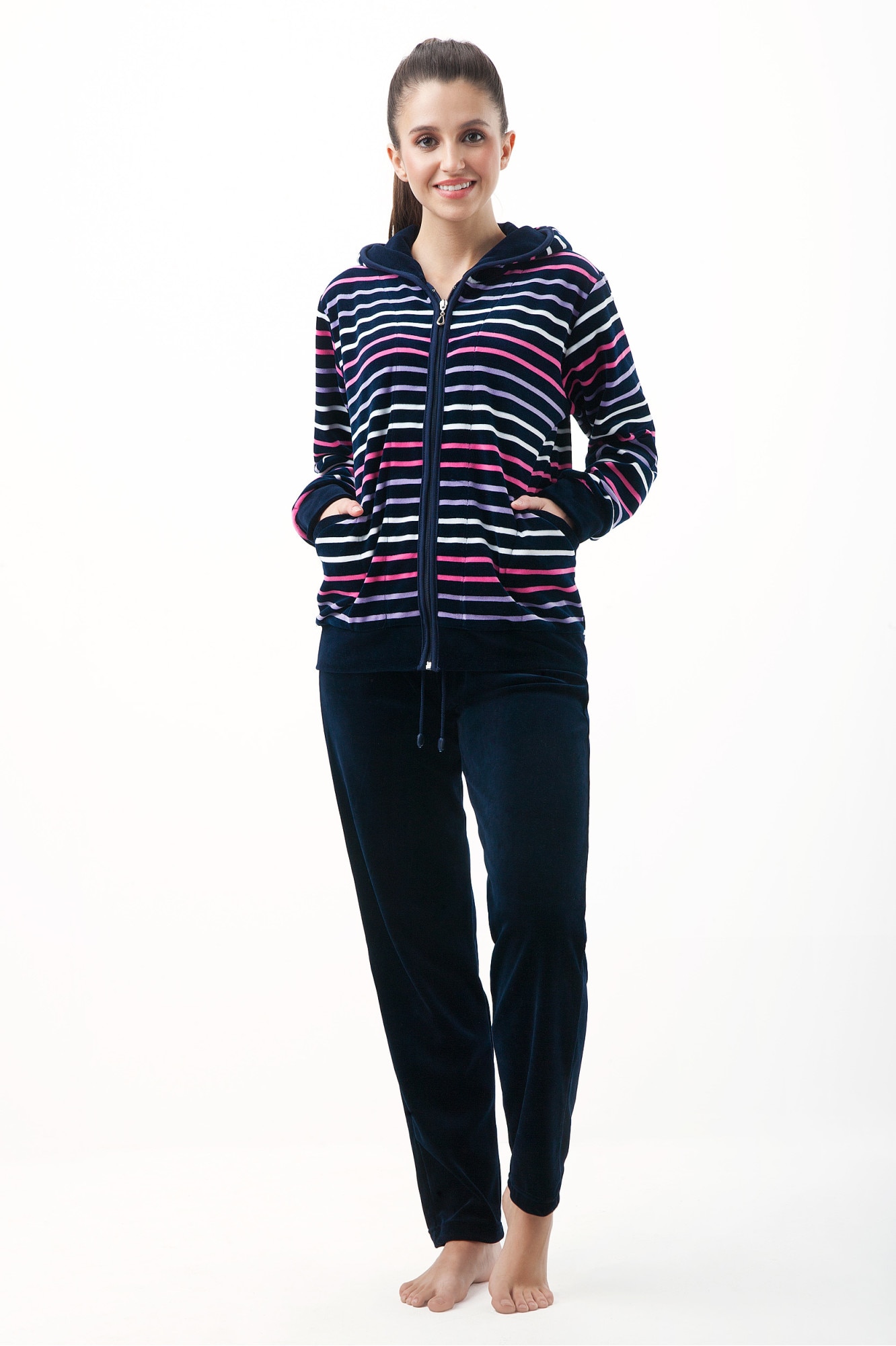 Luna, Trening cu model in dungi 341, Bumbac, Alb/Roz/Bleumarin, XXL EU