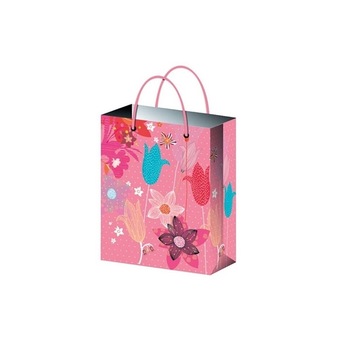Punga cadou din hartie 15 x 12 x 5.5 cm - flori pe fundal roz Punga cadou din hartie 15 x 12 x 5.5 cm - flori pe fundal roz