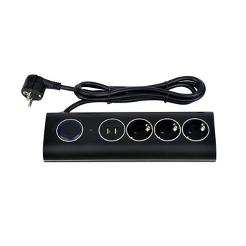 Prelungitor pentru birou Strohm, 3 prize, 2xUSB 2.4A, intrerupator, protectie supratensiune, 1.5m, Negru Prelungitor pentru birou Strohm, 3 prize, 2xUSB 2.4A, intrerupator, protectie supratensiune, 1.5m, Negru