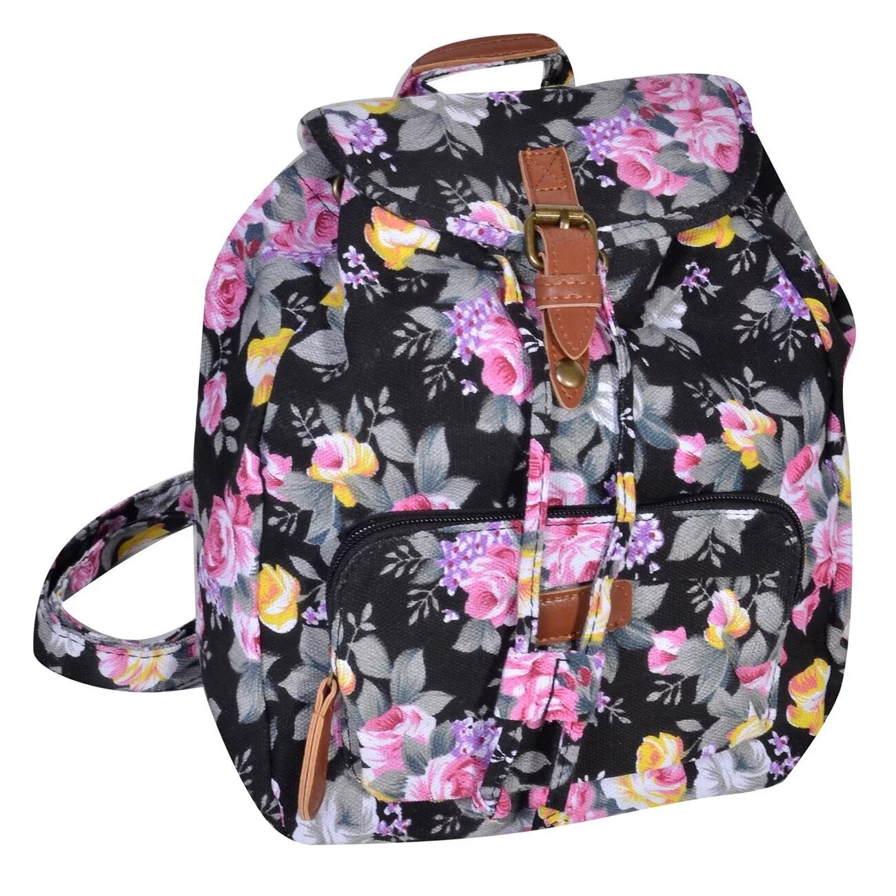 Rucsac dama, Zola, negru cu model floral, 29x11x7 cm