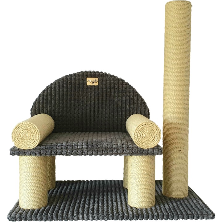 Canapea pisici, Relax, Mireille Design, Gri, 50x80x80 cm, brate cu sisal, stalp vertical cu sisal