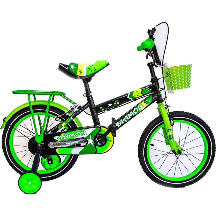 Велосипед Diamon 16" за момче, стоманена рамка, зелен и черен цвят, помощни колела, багажник. кош за играчки, за деца от 4-7 години