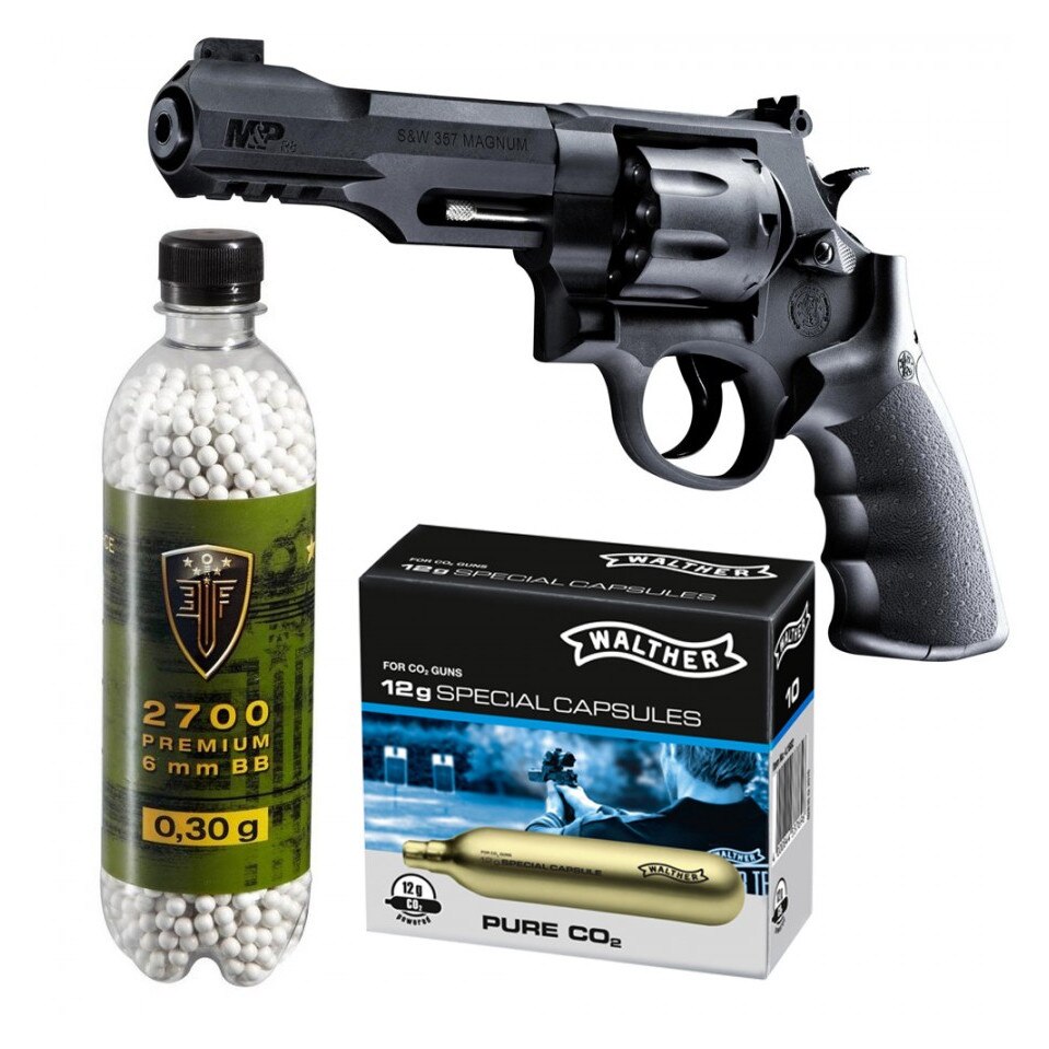 Set revolver airsoft + 10 capsule CO2 + flacon 2700 buc bile 0.30 g, Umarex Smith & Wesson M&P R8