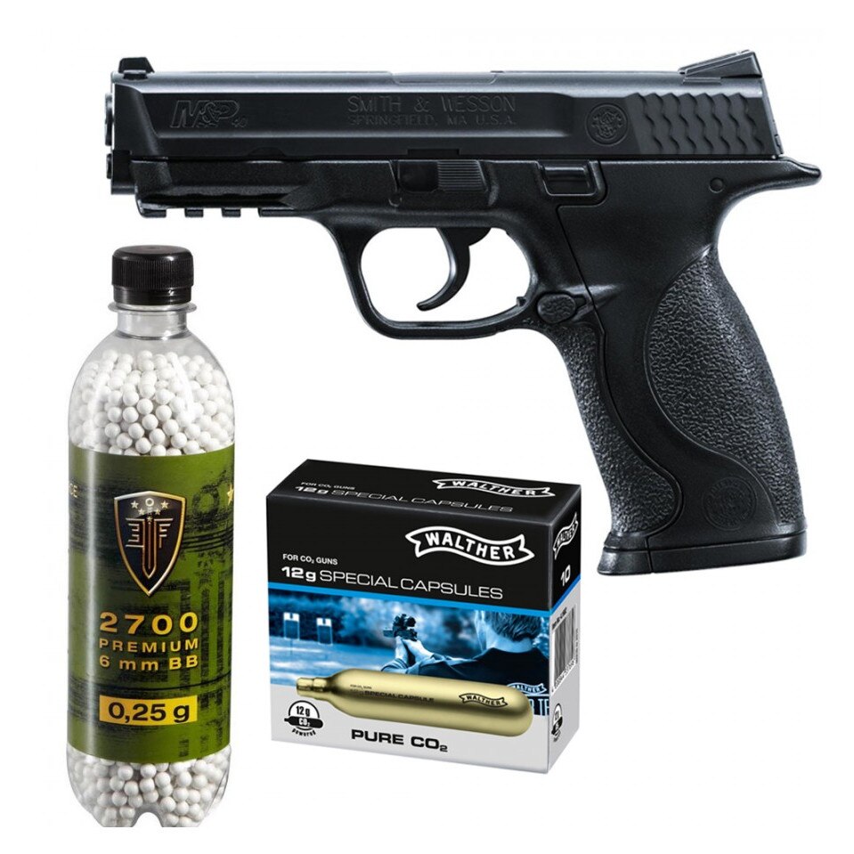 Set pistol airsoft 2 jouli + 10 capsule CO2 + flacon 2700 buc bile 0.25 g, Umarex Smith & Wesson M&P 40 calibru 6 mm