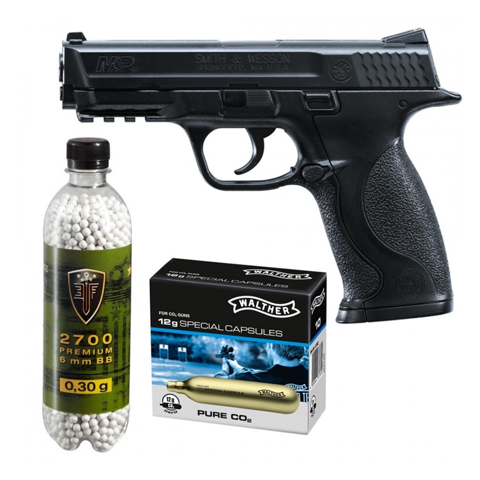 Set pistol airsoft 2 jouli + 10 capsule CO2 + flacon 2700 buc bile 0.30 g, Umarex Smith & Wesson M&P 40 calibru 6 mm