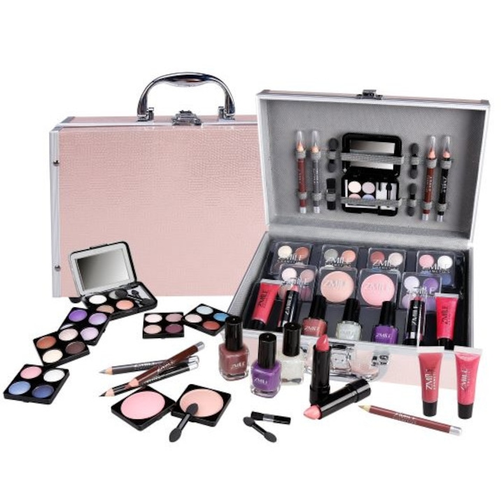 Trusa de Machiaj, 42 piese ,fard, blush, lac, lipstick + geanta aluminiu roz Eye-Catcher Zmile Cosmetics
