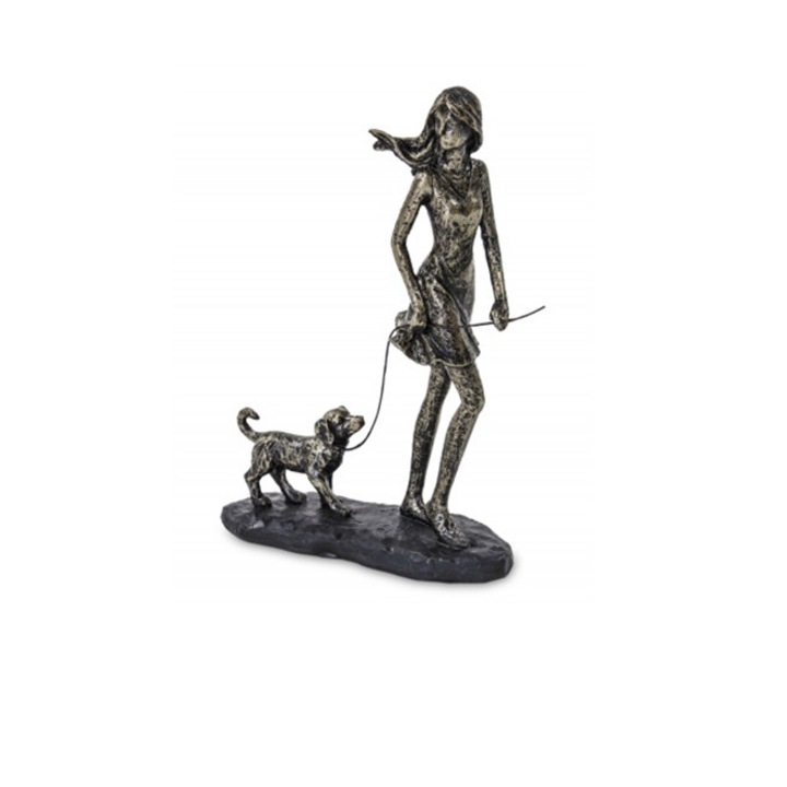 Fém figura, lány kutyával, mérete 20x14 cm