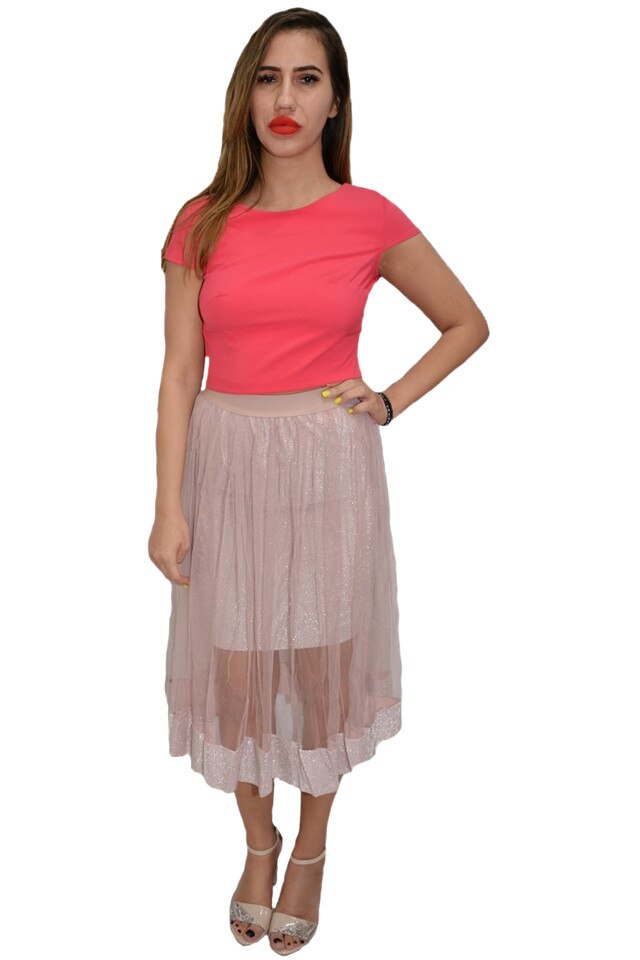 Fusta dama, eleganta, din tull, cu talie elastica, D&J Exclusive, Roz