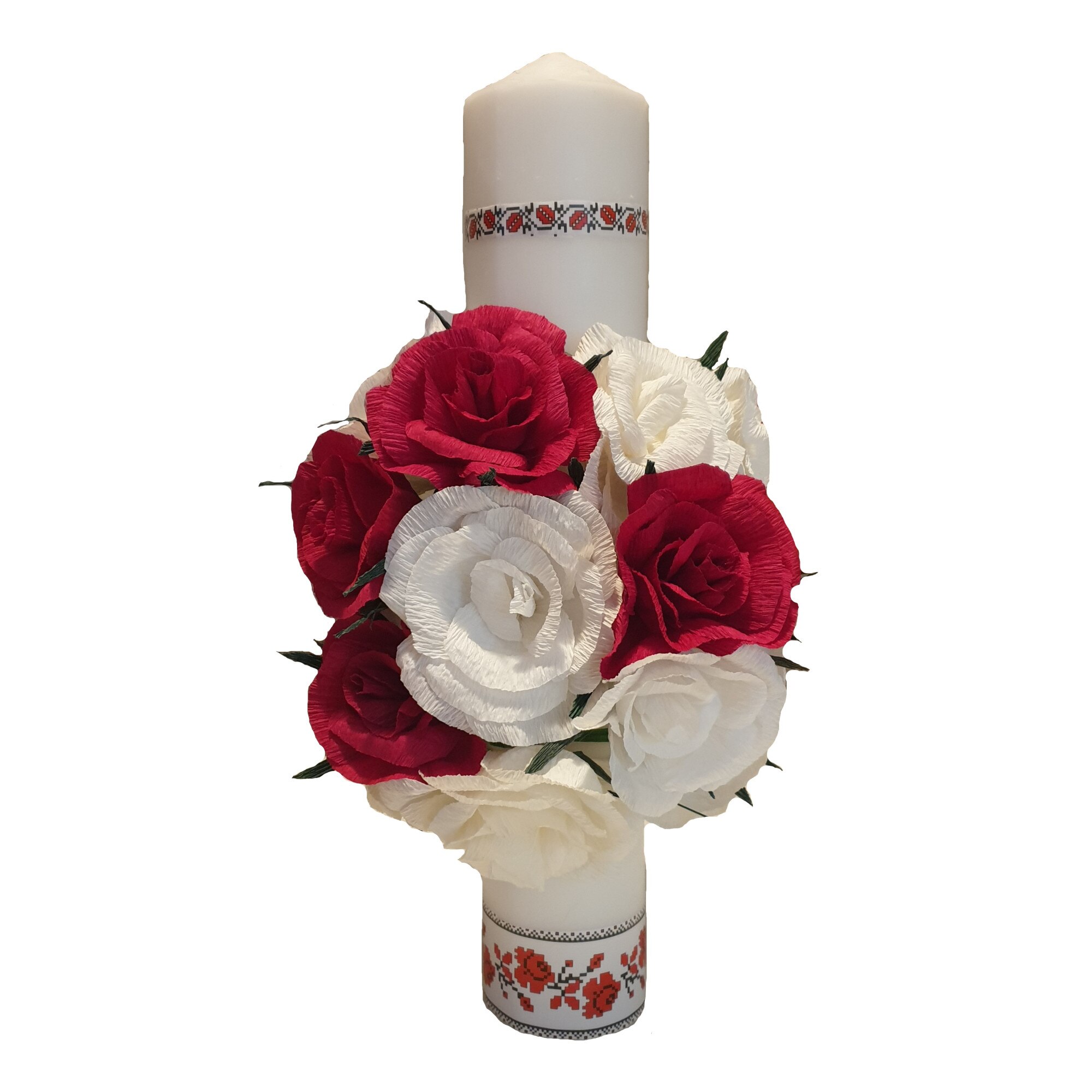 Lumanare botez/nunta cu motive traditionale Handmade Minis Boutique, alb cu rosu, model2