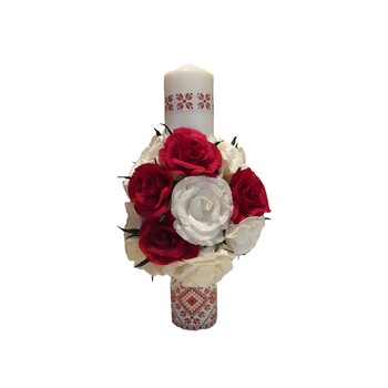 Lumanare botez/nunta cu motive traditionale, Handmade Minis Boutique, cu trandafiri albi si rosii, model 1 Lumanare botez/nunta cu motive traditionale, Handmade Minis Boutique, cu trandafiri albi si rosii, model 1