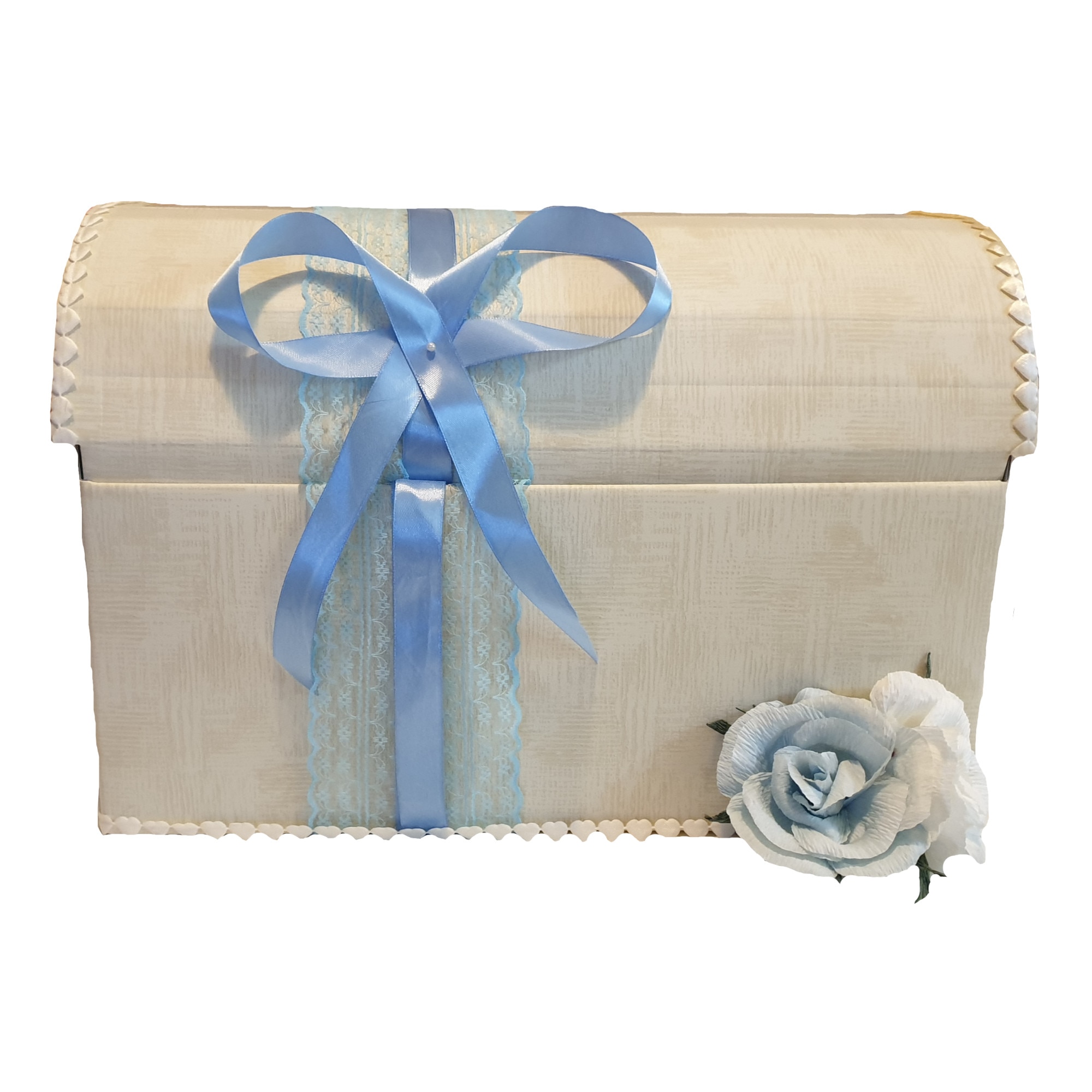 Trusou complet pentru botez Handmade Minis Boutique, in cufar, nude cu bleu