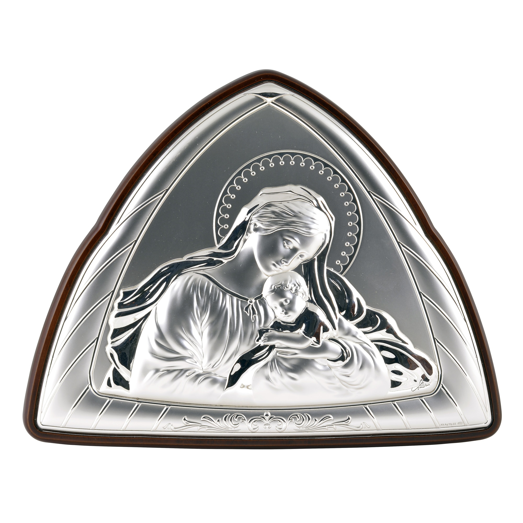 Icoana placata cu argint - Fecioara Maria cu Iisus in brate - Finisaj alun, Triunghi, 11*9 cm, 2/5