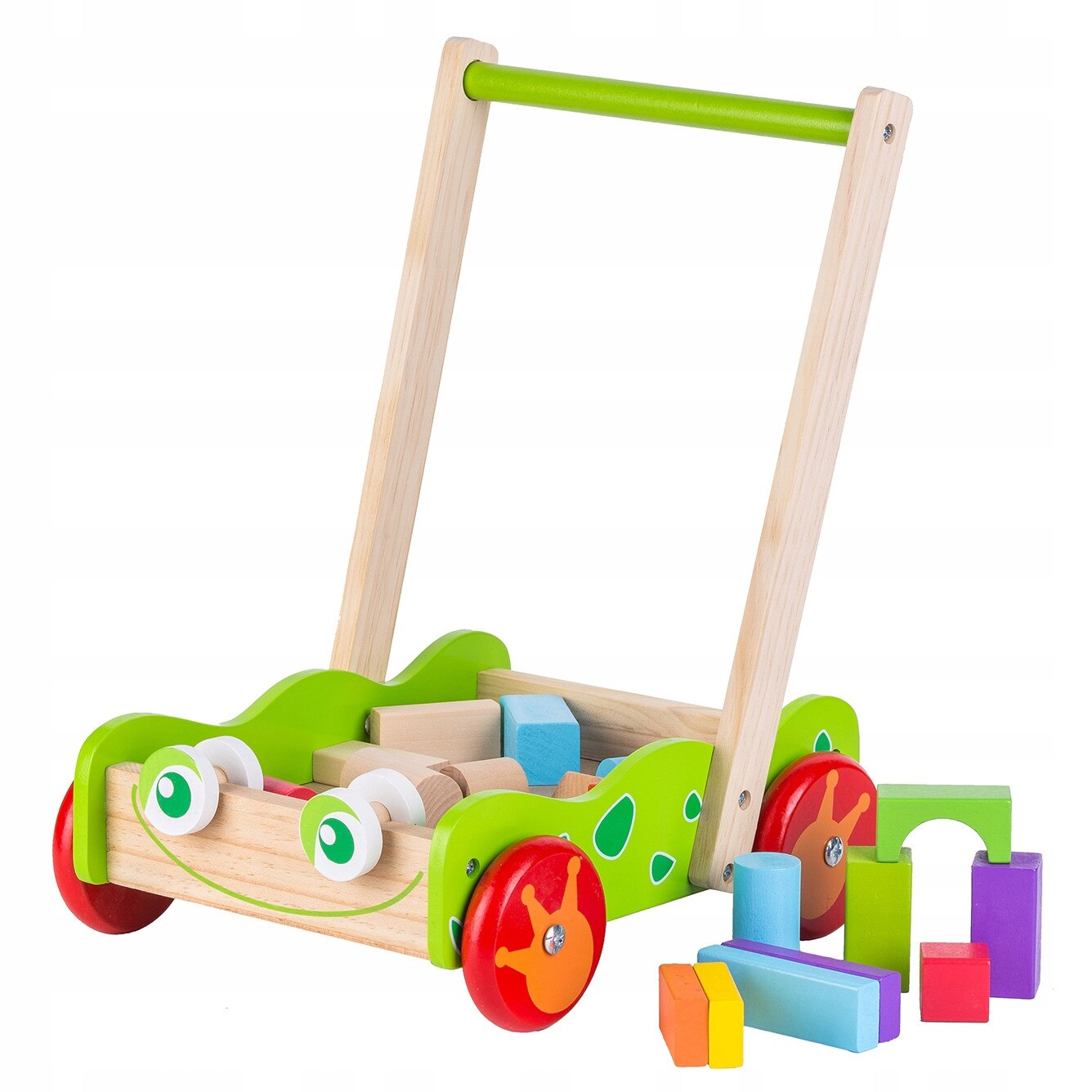 Impingator din LEMN cu Cuburi 2-in-1 IDL, Crazy Frog, Accesorizat cu 20 de Blocuri de Diferite FORME si CULORI care permit Crearea a numeroase constructii unice, Ajuta la mentinerea EHILIBRULUI primil