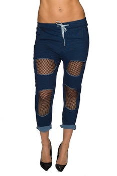 Pantaloni lungi casual model statement cu rupturi, Albastru inchis, S-M Pantaloni lungi casual model statement cu rupturi, Albastru inchis, S-M