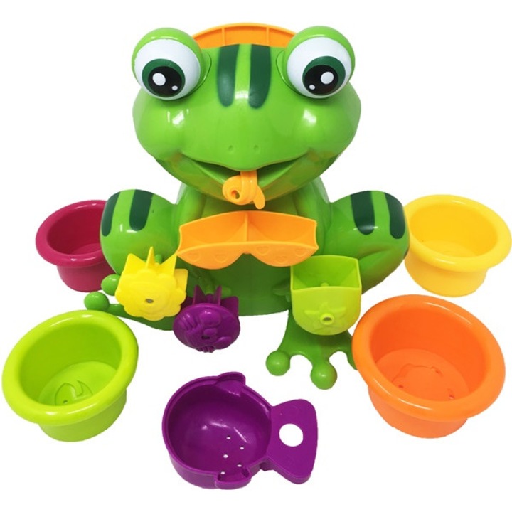 Salamandra Kids Játékkészlet, Fürdőszobai, Béka típusú vízimalom, tapadókoronggal és 5 pohár, vízzel tölthető, különféle állatokkal