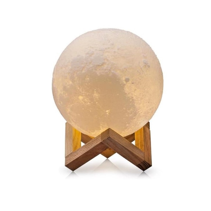 3D Лампа Impostore Луна, LED, Портативнa, d 15 cm, Регулируем интензитет на светлинaта чрез докосване, Батерия, 1 W/ 5 V, Дървена стойка, Кутия за подаръци, Бял