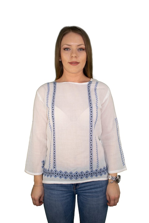 Bluza Dama, broderie albastra, usor transparenta, masura S
