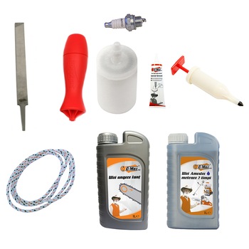 Pachet consumabile motofierastrau, tub vaselina, gresor, bujie, snur starter, ulei motor, filtru benzina, ulei lant, pila lata Pachet consumabile motofierastrau, tub vaselina, gresor, bujie, snur starter, ulei motor, filtru benzina, ulei lant, pila lata