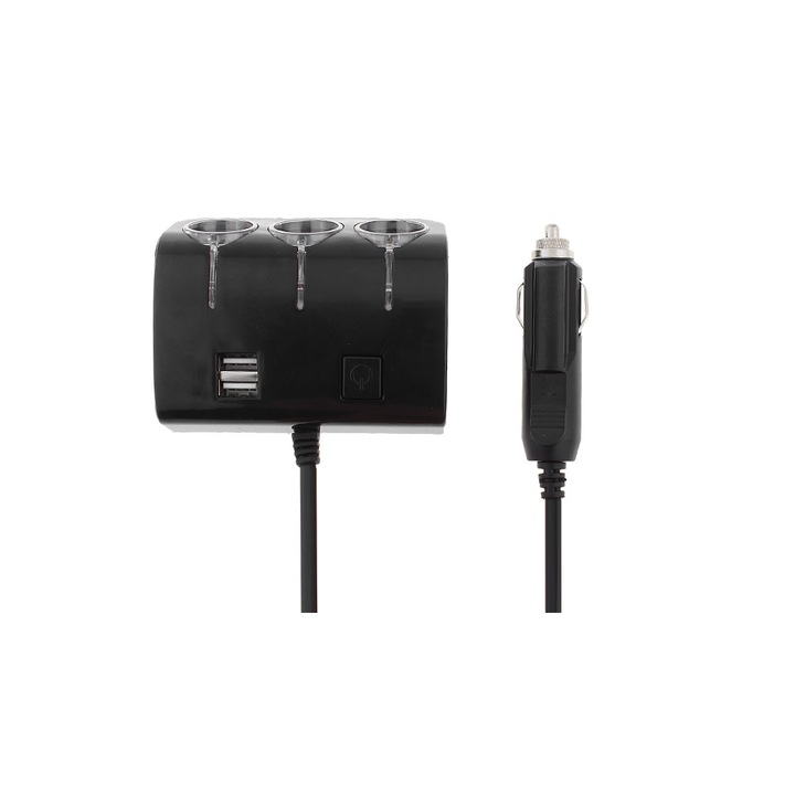 Priza Bricheta Auto Cu 3 Iesiri + 2 USB-uri Pentru Alimentare Dispozitive , Negru