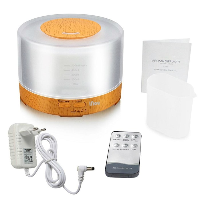 iNOV ultrahangos aromaterápiás diffúzor + távirányító és párásító LED-del iNOV DZ-07, csendes, 500 ml, programozható, fehér / világos tölgy