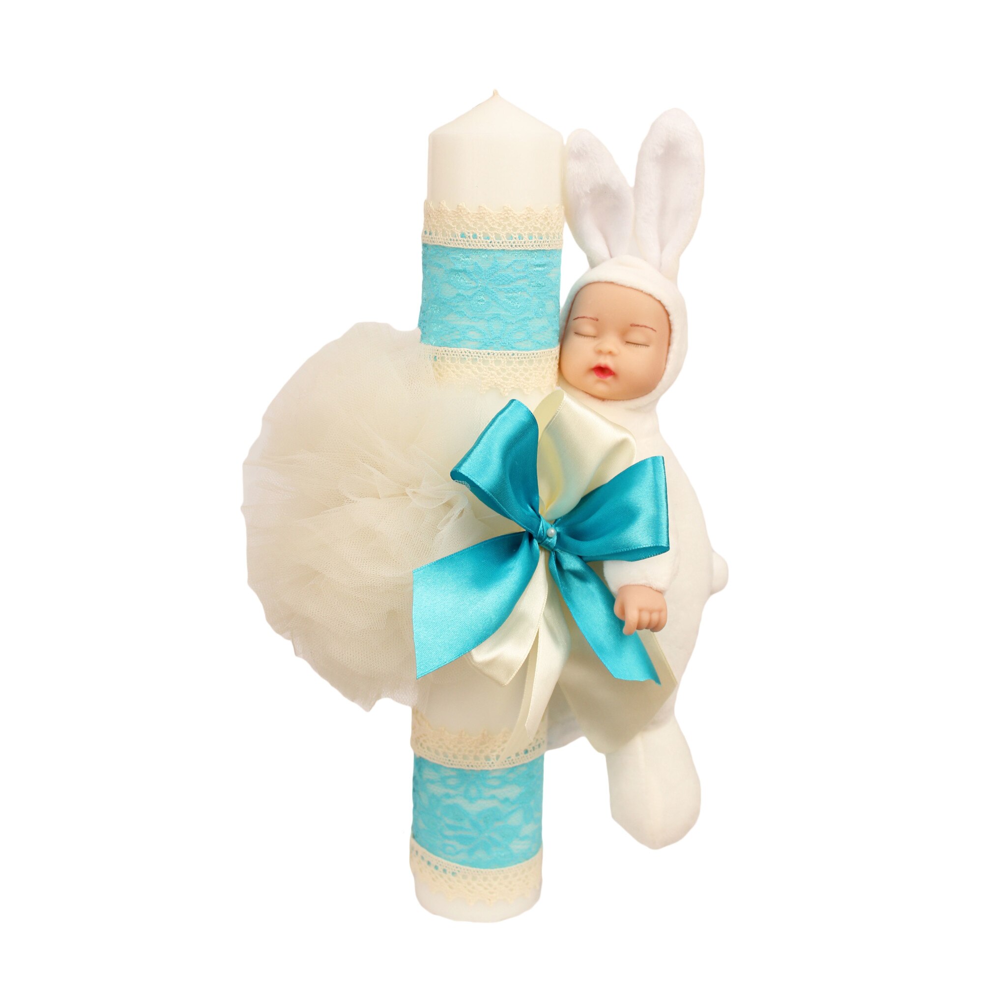 Lumanare botez Iepuras, culoare alb-turcoaz