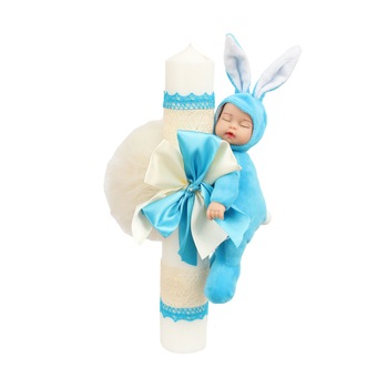 Lumanare botez Iepuras bleu si glob alb Lumanare botez Iepuras bleu si glob alb