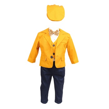 Costum botez Baby Boss, culoare galben mustar-bleumarin, varsta 3-6 luni Costum botez Baby Boss, culoare galben mustar-bleumarin, varsta 3-6 luni