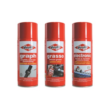 Pachet tehnic auto - Spray profesional anti-rugina Voulis Graph 400 ml + spray profesional vaselina cu litiu Voulis Grasso 400 ml + spray profesional pentru curatarea contactelor electrice Voulis Electronic 400 ml Pachet tehnic auto - Spray profesional anti-rugina Voulis Graph 400 ml + spray profesional vaselina cu litiu Voulis Grasso 400 ml + spray profesional pentru curatarea contactelor electrice Voulis Electronic 400 ml