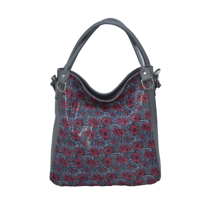 Zea női táska, valódi bőr, szürke / lila virágos minta