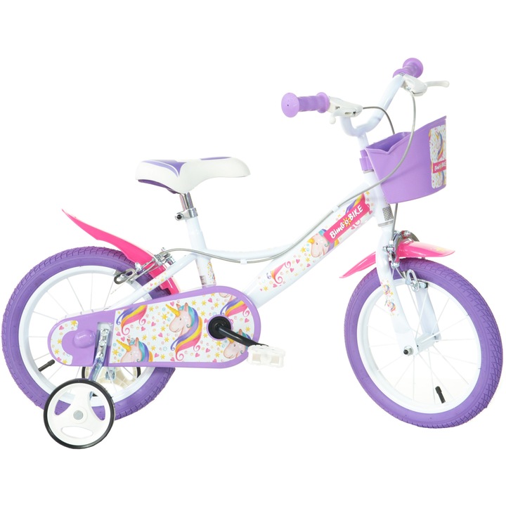 Bicicleta pentru copii Bimbo Bike Unicorn 14 inch, 1 viteza, alb/violet