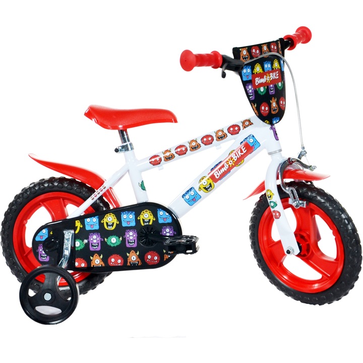Bicicleta pentru copii Bimbo Bike Monster 12 inch, 1 viteza, alb/negru/rosu
