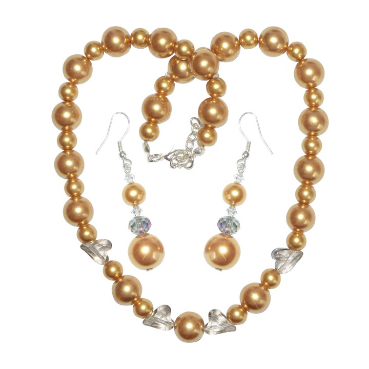 Set colier dama,cristale , perle si accesorii din inox,handmade,bijuterii dama,Bijuterii Uniq,Auriu,45 cm