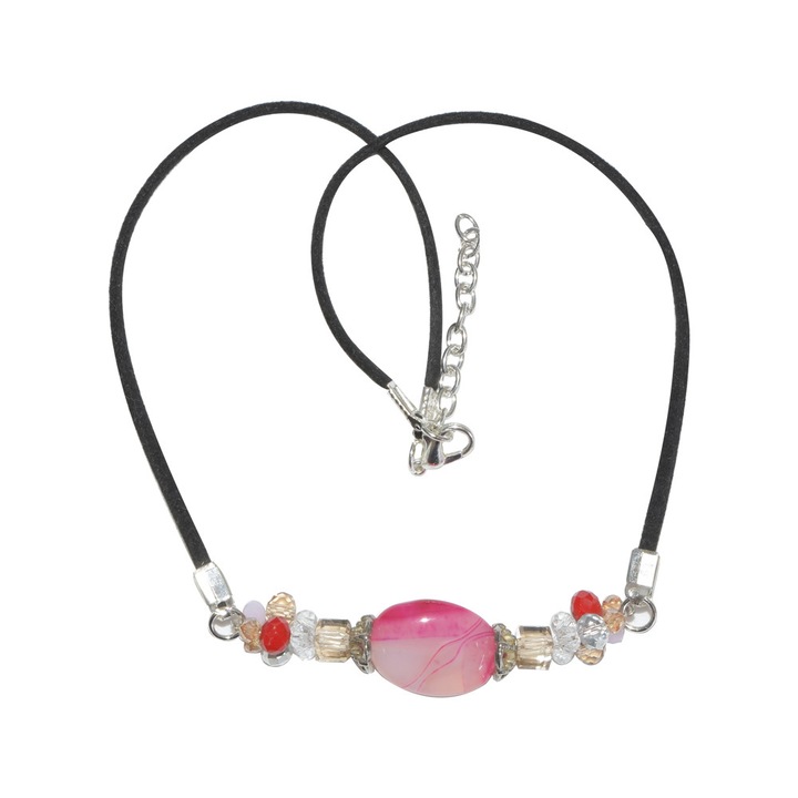 Pandantiv dama,piatra semipretioasa agat , cristale, perle, snur sued si accesorii din inox,handmade,bijuterii dama,Bijuterii Uniq,Roz,44 cm