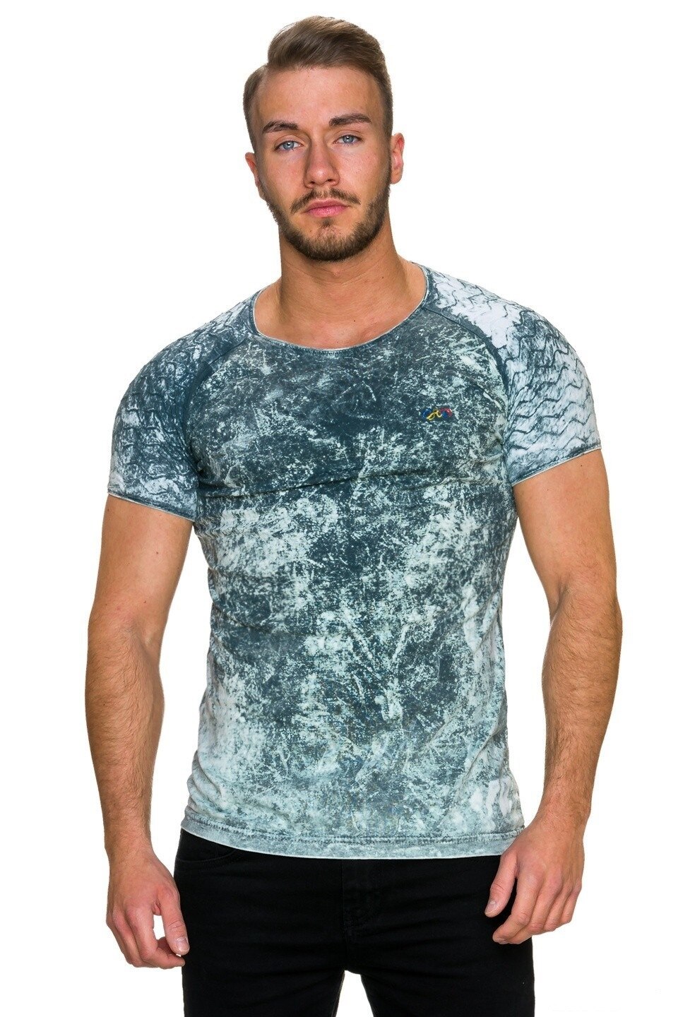 Tricou barbati acid wash, Turcoaz