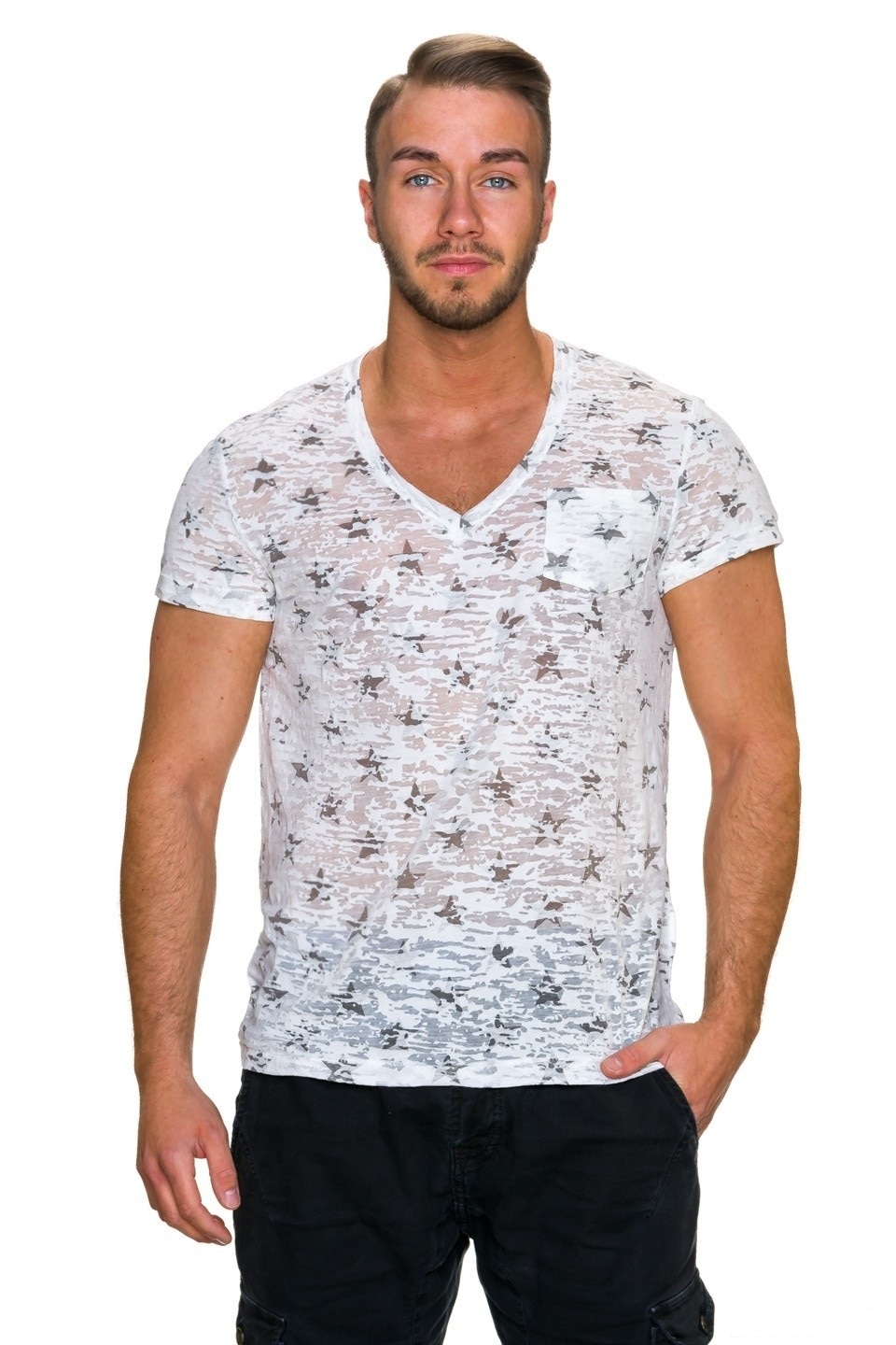 Tricou imprimat cu decolteu in v, alb, Alb