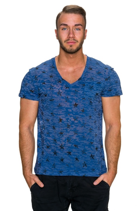 Tricou imprimat cu decolteu in v, albastru, Albastru