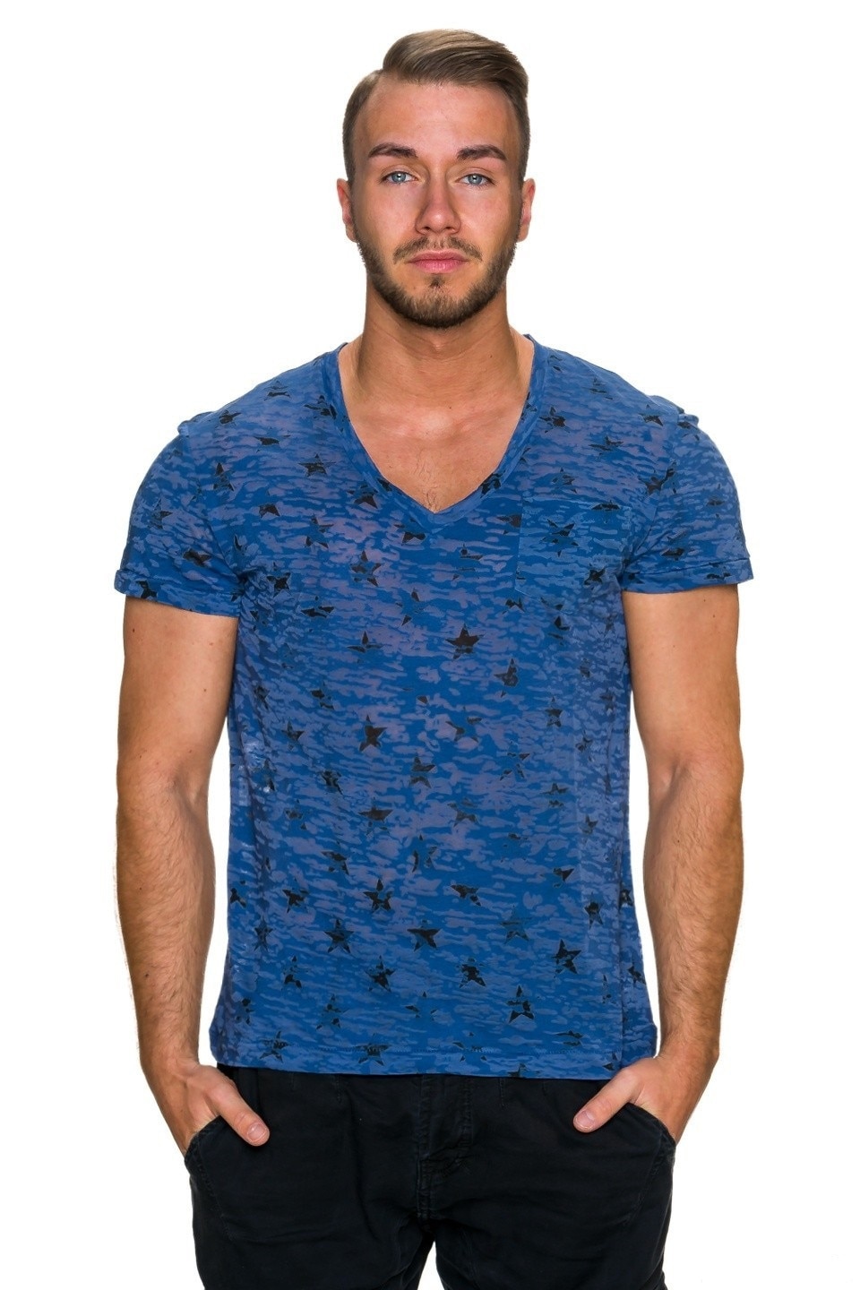 Tricou imprimat cu decolteu in v, albastru, Albastru