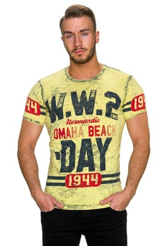 Tricou retro acid wash cu imprimeu, Galben Tricou retro acid wash cu imprimeu, Galben