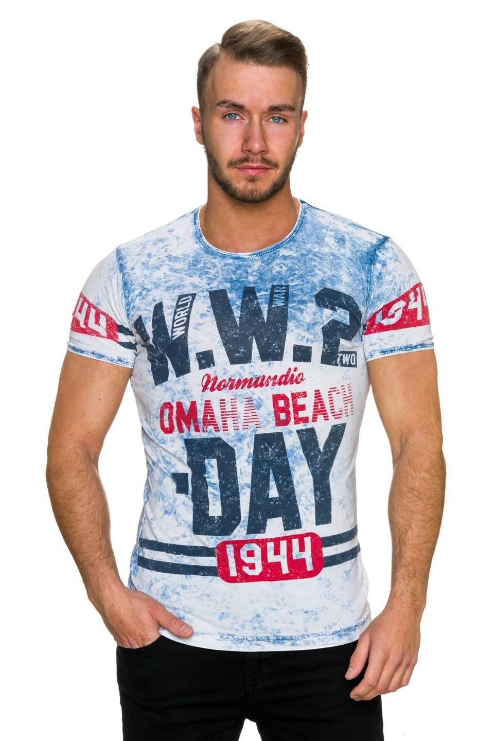 Tricou retro acid wash cu imprimeu, Bleu