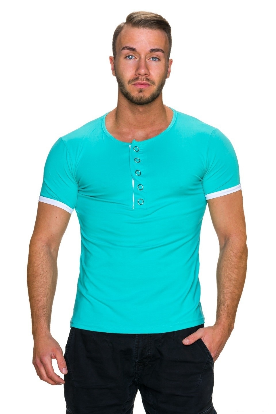 Tricou barbati cu tiv rulat si capse decorative, Turcoaz